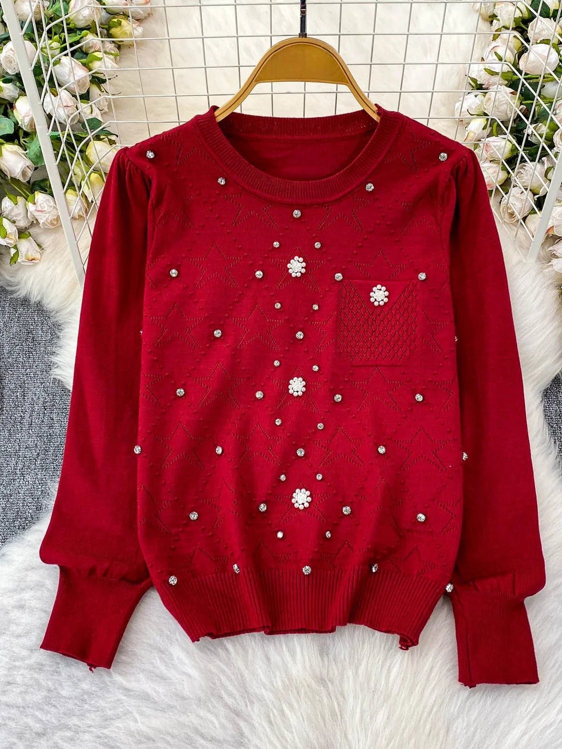 Sweter Rajutan Putih Wanita Pakaian Rajut Pelangsing Longgar Berlian Berhias Berat Wanita Musim Gugur Musim Dingin Faion Sle Korea Perjalanan