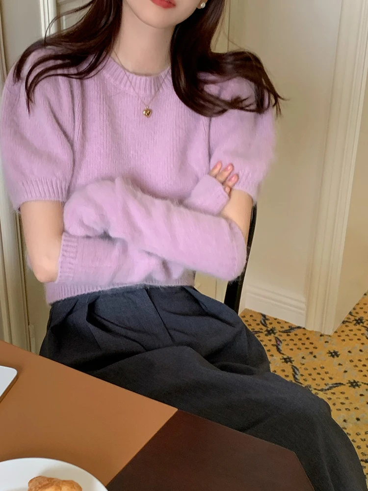 

Chic ort Sve Knitted Bubble Sve Top Women's Early Spring Versatile Soft Sle Cotton Blend Loose Fit round Ne Sweater