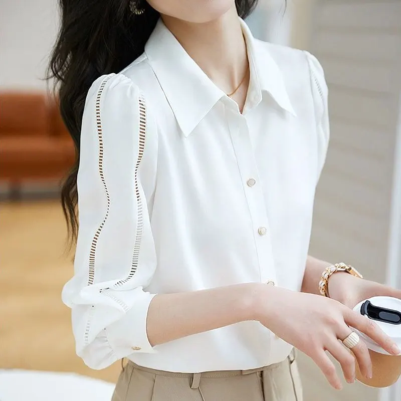 Commute Solid Color Fashion Hollow Out Blouse Casual Single-breasted Female Clothing Polo-Neck Spring Long Sleeve Basic Shirt