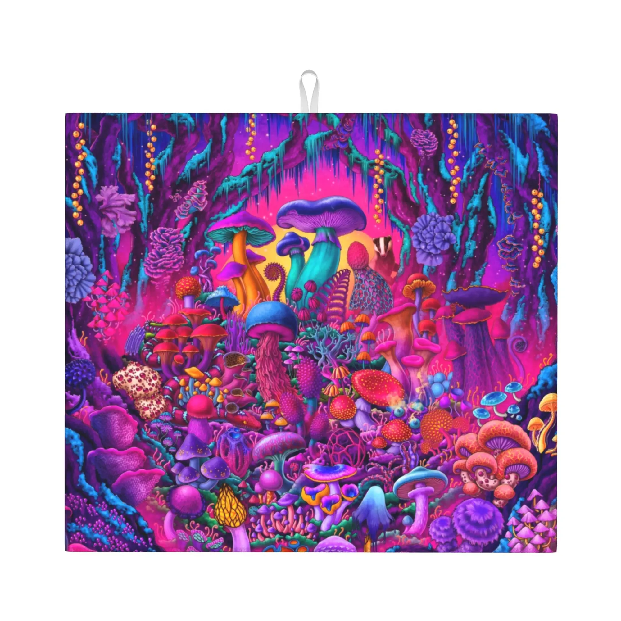 Drying Mat For Kitchen Psychedelic Trippy Magic Rainbow Mushroom Mysterious Boho Water Absorbent Kitchen Counter Protector Mat
