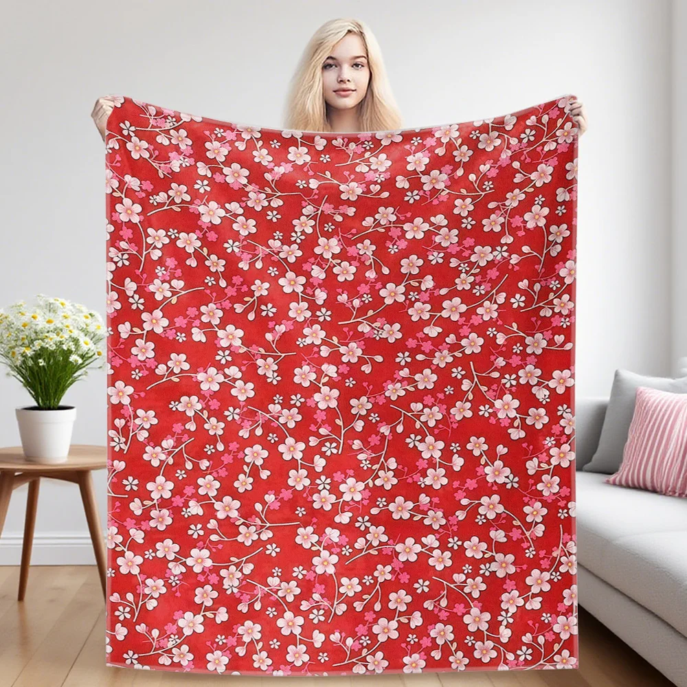 Red Cherry Blossom Printed Blanket Suitable For Sofa Beds, Offices, Travel Camping Chairs, Warm Woolen Blankets