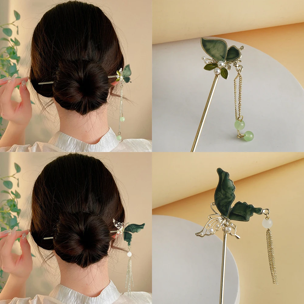 Beads Tassel Hair Stick Accesssory For Women Girls Chinese Hanfu Chopstick Hair Jewelry Cute Hollow Butterfly Shape Pearl Inlaid