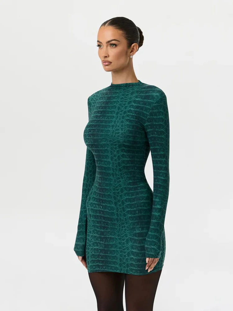 Kliou Serpentine Print Mini Dress For Woman o-Neck Full Sleeve  Skinny Stretch Hot Girl Midnight Club Party Sexy Fashion Bodycon