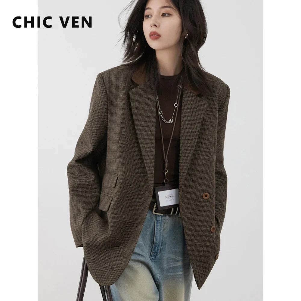 CHIC VEN Women's Woolen Blazer Loose Retro Single Breasted Female Jacket Mid Length Plaid Coat for Woman Autumn Winter 2024