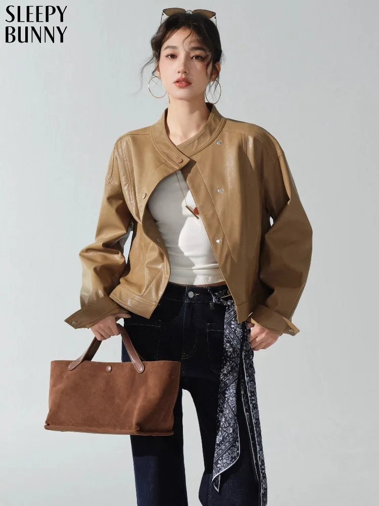 

Stand Collar PU Leather Jacket Women Vintage Faux Leather Coat Casual American Outerwear Stylish Short Moto Biker Design Fashion