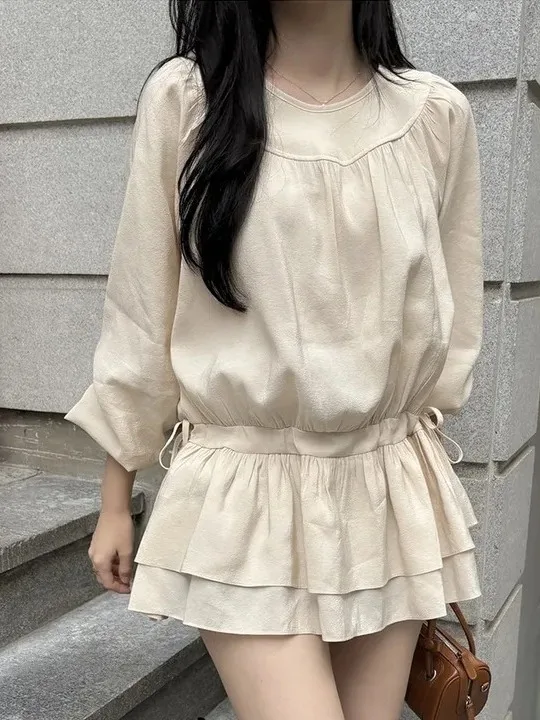 Chic Korean Style Gathered Waist Drawstring Women's Dress Sweet round Neck Long Sleeve Short Skirt City Commute Suitable