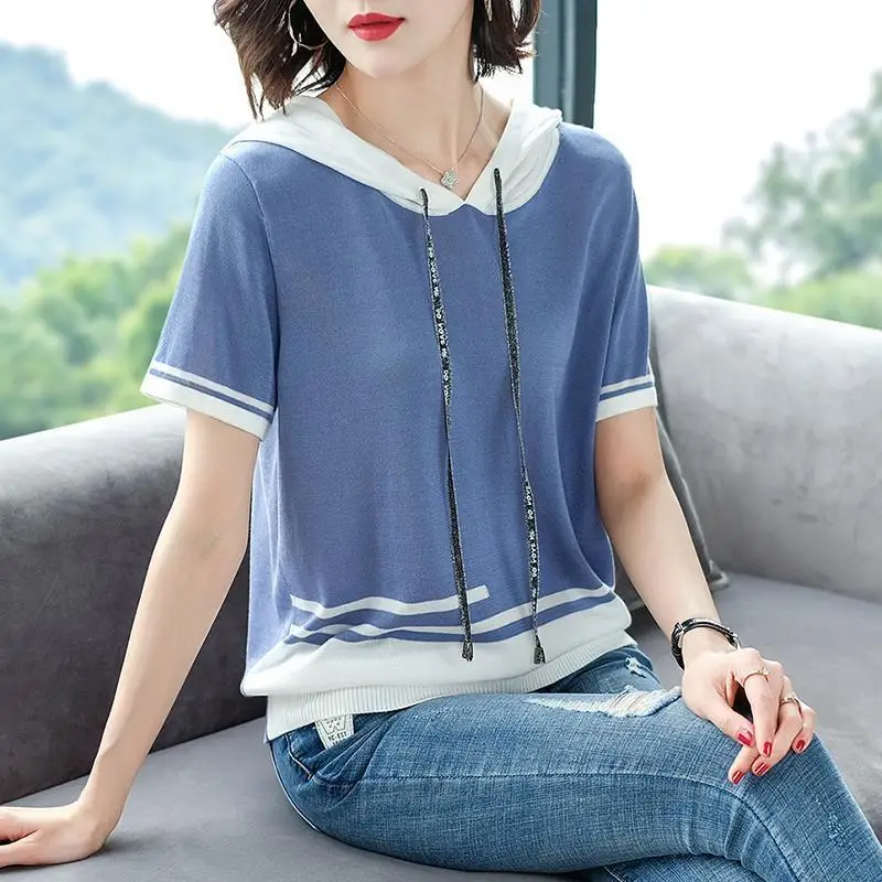 Women\'s Summer New Hooded Pullover Knitted Shirt Fashion Sweet T-shirt Contrast Spliced Versatile Casual Thin Short Sleeved Tops