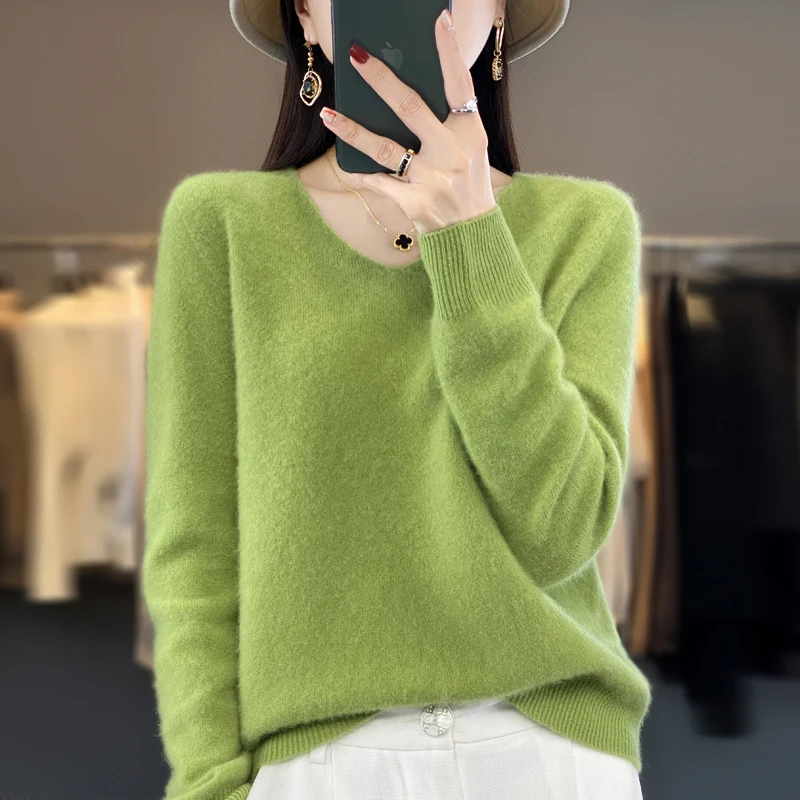Suéter de Cachemira de lana pura para mujer, jersey con cuello en V, jersey de fondo de moda, Top de manga larga de punto informal, Color sólido,