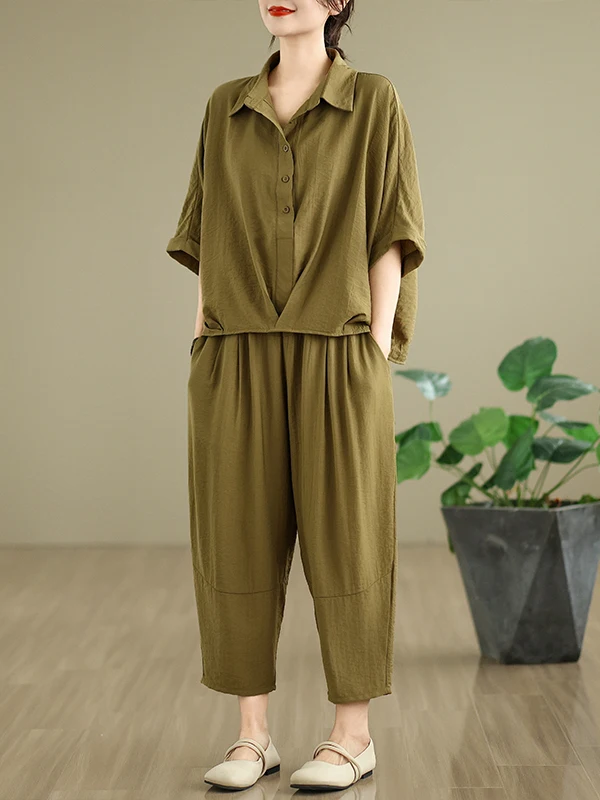 

Faionable Summer 2025 Women's Loose Casual irt Pants Two-Piece Set Ele Brand Midi Sve Collar Button
