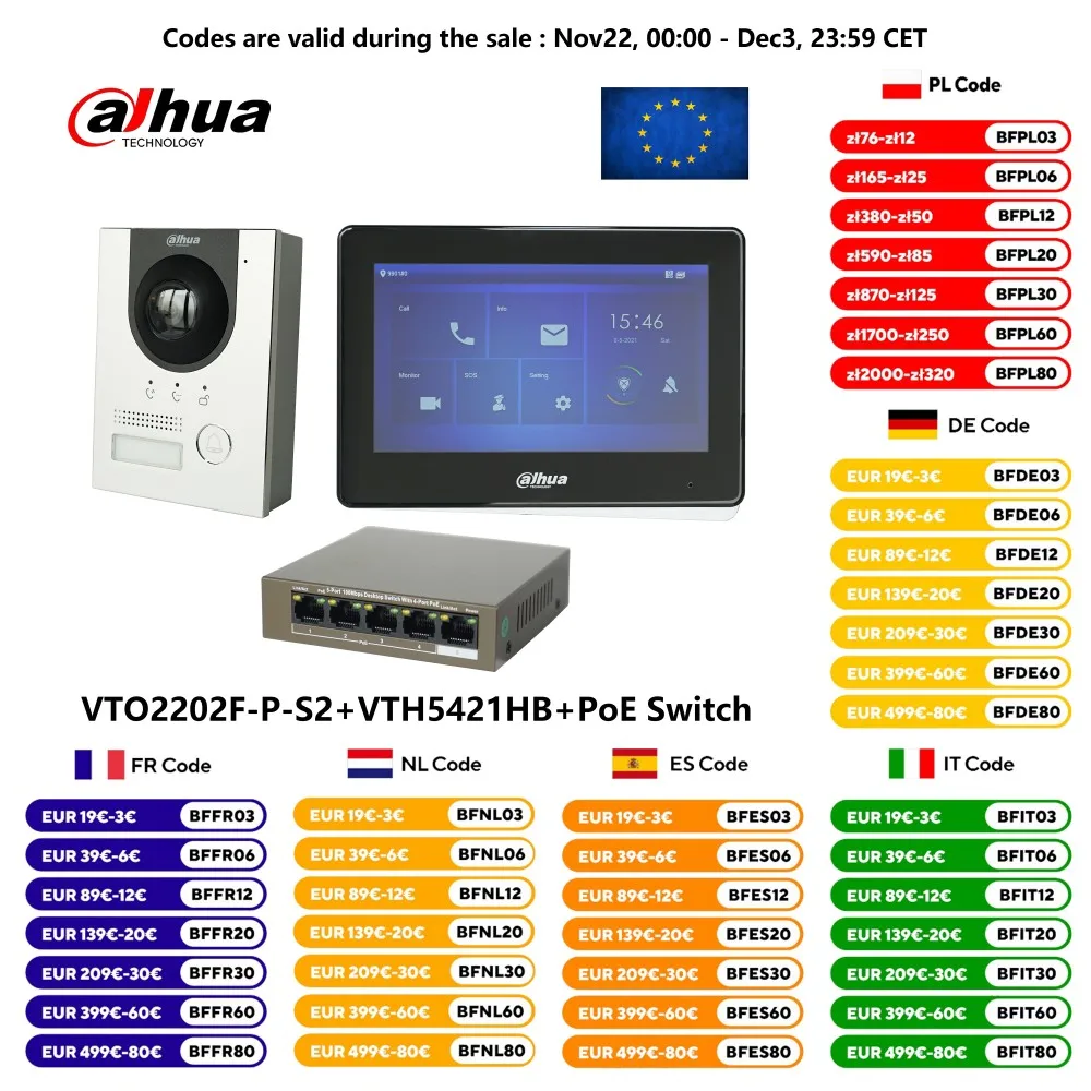 Dahua 2MP HD Colorful Fisheye Camera IP Video Intercom KIT,VTO2202F-P-S2 & VTH5421HB & PoE switch