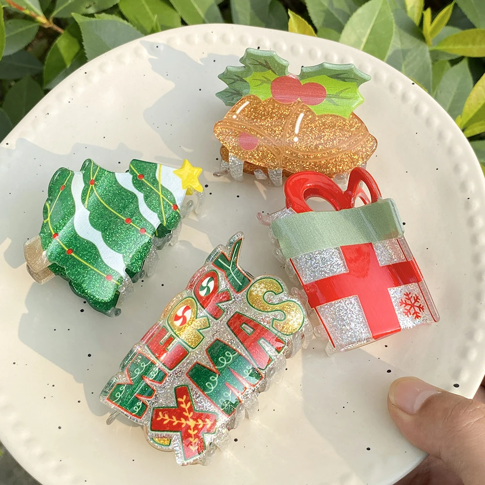 Christmas Tree Glitter Acrylic Hair Claw Clip Cute Festive Green Xmas Tree Banana Clip Women Holiday Party Hair Accessories view 5