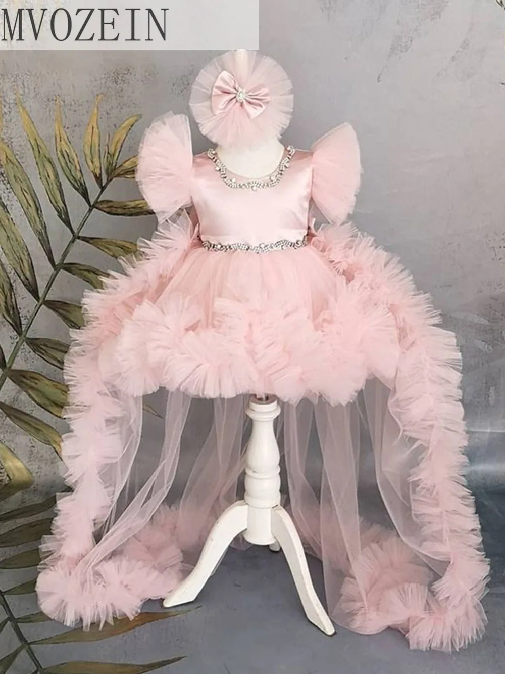 Vestido de bebé con tren para niña, vestido de princesa hinchado rosa, vestido de primera comunión, bonito vestido de bebé para niño, primera comunión