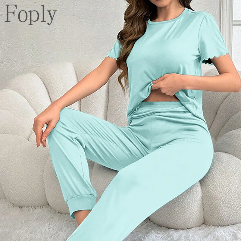 

Women's Summer Casual Simple Pajamas Set Homewear Pjs Set Two-piece Pyjama Short-sleeved Pants Trousers Sleepwear Outside Wear