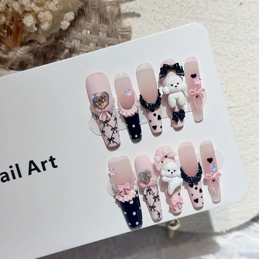 10PCS Black Lace Polka Dot Ballet French Press On Nails Fake Nails for Women DIY Nail Art Gift for Party Wedding Halloween view 6