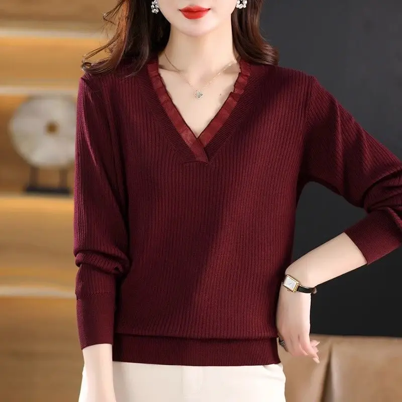 Lace Patchwork Long Sleeve Women\'s Clothing Pullover Long Sleeve V-Neck Sweater Knitted Screw Thread Flattering Trendy Tops