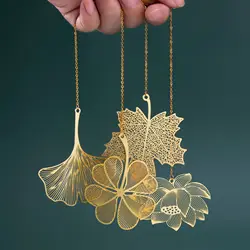 1/4pcs Chinese style leaf vein metal pendant bookmark, hollow maple leaf, four leaf clover, ginkgo leaf, lotus bookmark