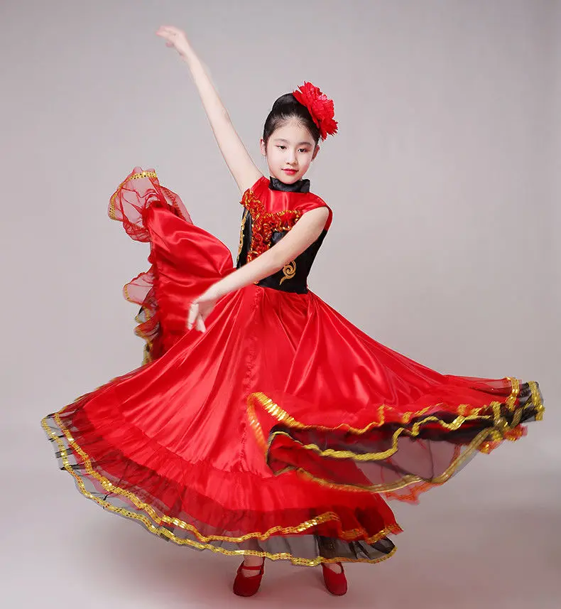 Robe de flamenco rouge longue pour filles, costume espagnol, jupe de scène de salle de Rhpour enfants, robes de danse pour enfants