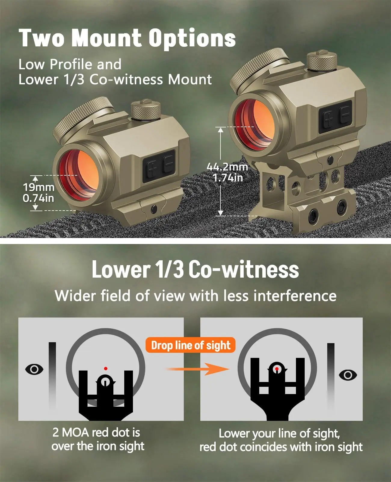 

Rifle Scope Rechargeable Optics Red Dot Sight 1x20mm 2 MOA Riflescope Shockproof with Lower 1/3 Co-Witness Riser