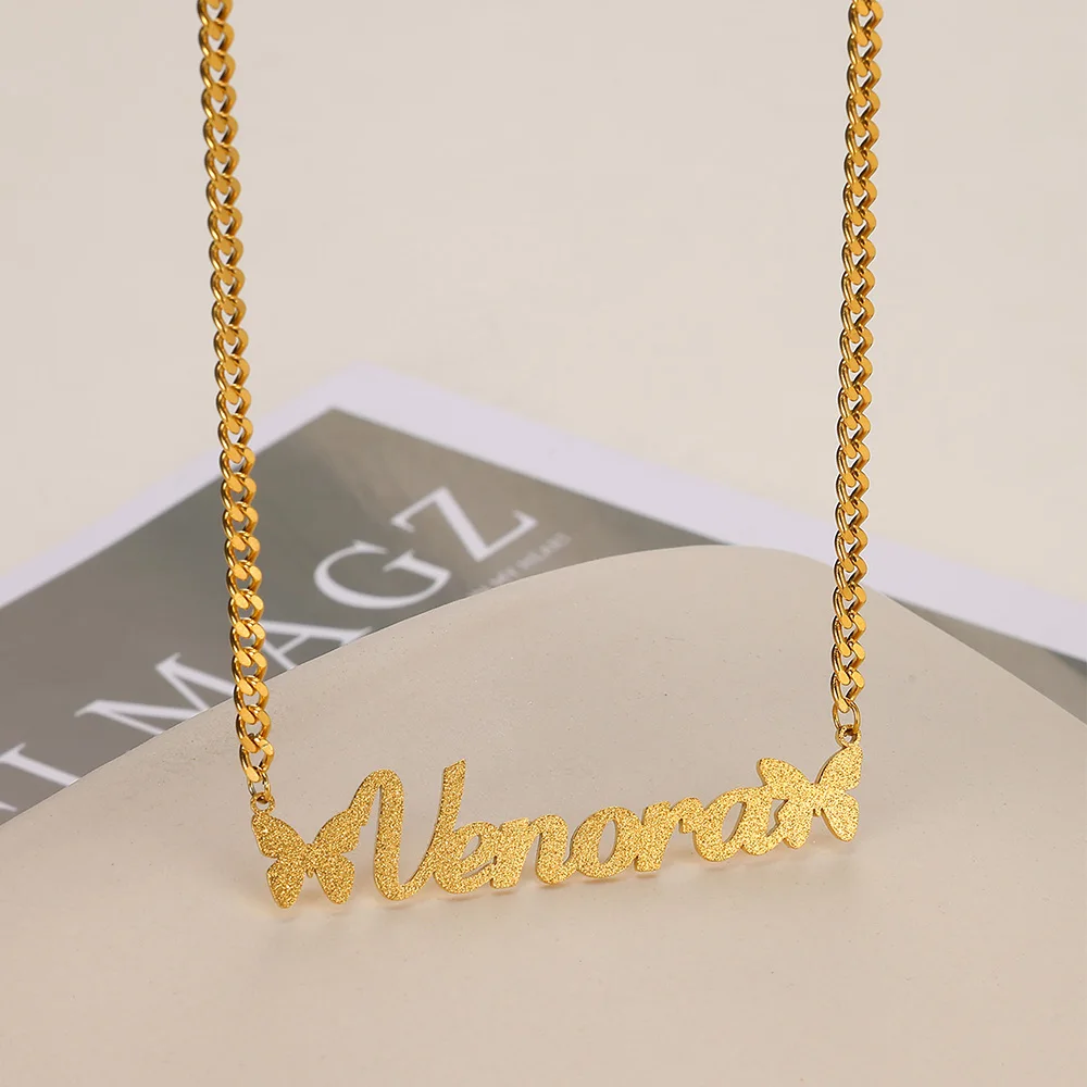 Custom Frosted Name Necklace Stainless Steel Personalized Cuban Chain Butterfly Nameplate Pendant Necklace Women Daily Wearing view 3