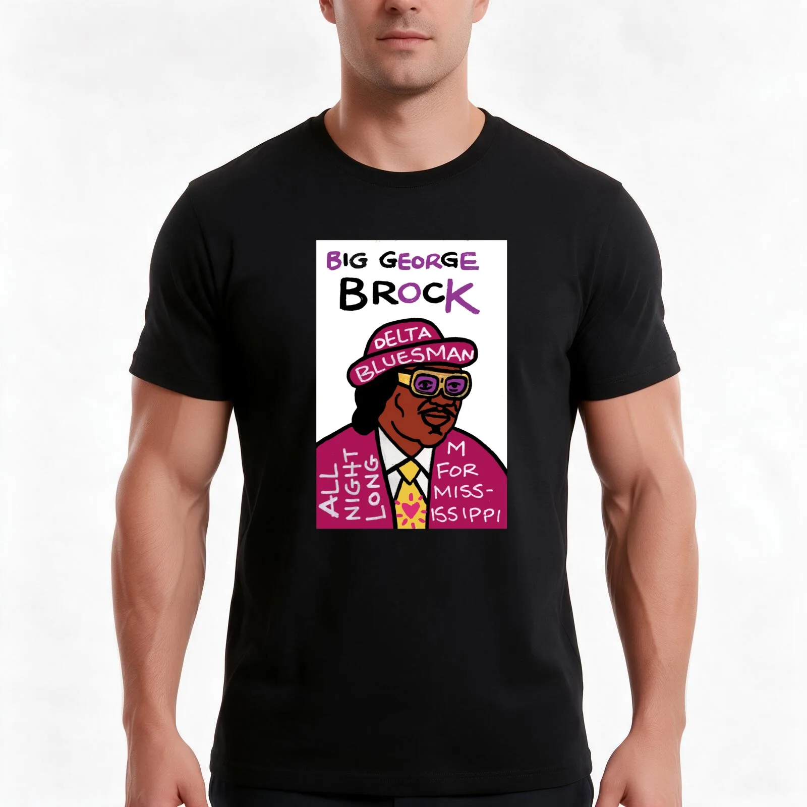 Big George Brock Blues Folk Art T-Shirt, Summer Casual Cotton Tee, Oversized Streetwear Tops, Vintage Graphic Print, 100% Cotton