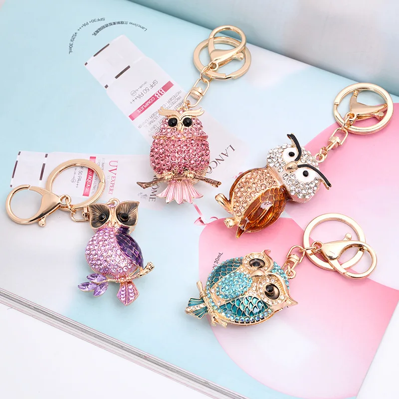 Cute Rhinestone Crystal Green Fat Owl Bird Keychain Animal Key Chain Key Ring Holder Pendant Keyring