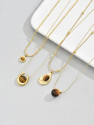 1PC Titanium steel round U-shaped oval spherical Tiger Eye Stone women's necklace Fashion jewelry holiday gift