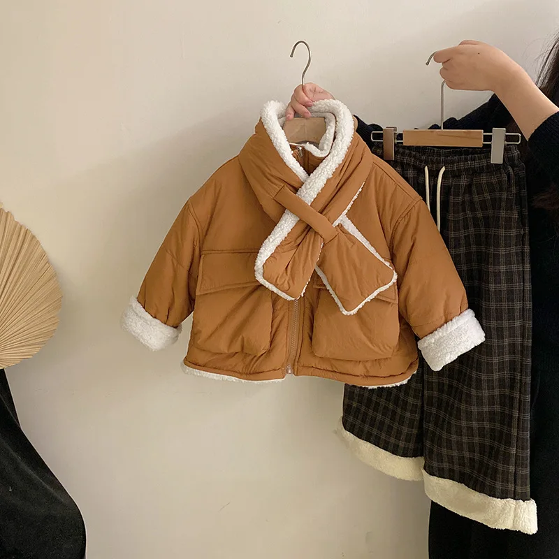 

Children Girls Korean Parkas Winter Warm Fleece Teens Girls Outerwears Junior Girls Plush Coats Jackets Detachable Velvet Scarf