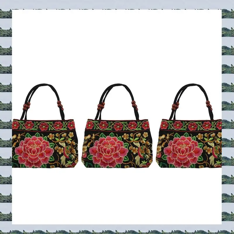 ABQR 3X Chinese Style Women Handbag Embroidery Ethnic Summer Handmade Flowers Ladies Tote Shoulder Bags Cross-Body(Red Peony)