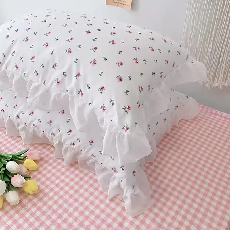 2pcs Korean Princess Style Pillowcases with Large Lace Ruffle Girls Home Bedroom Decorative Soft Cotton Bedding Pillow Covers