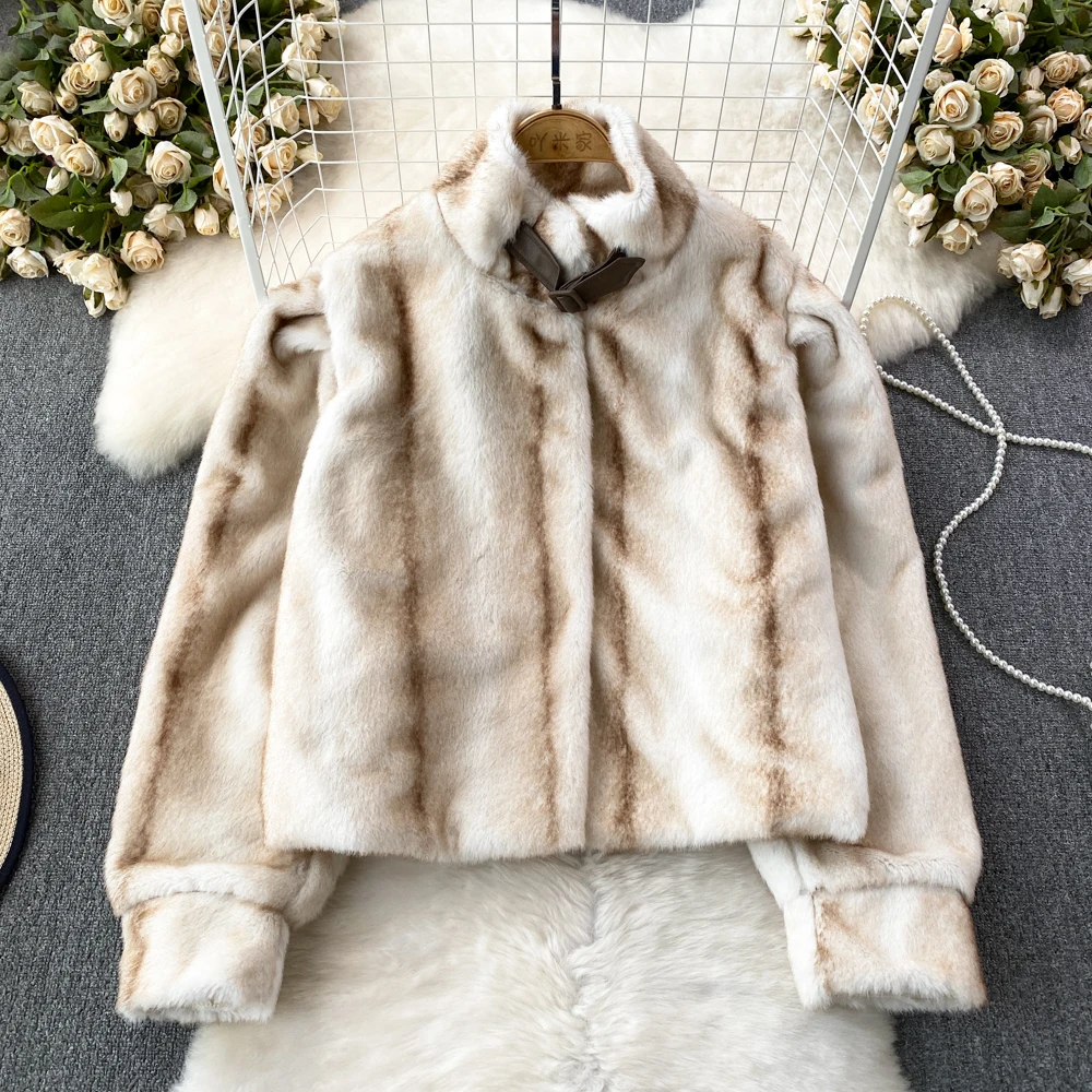 Women Fluffy Faux Fur Coat Soft Warm Stand Collar Long Sleeve Quilted Jackets Loose Gradient Female Winter Padded Overcoat