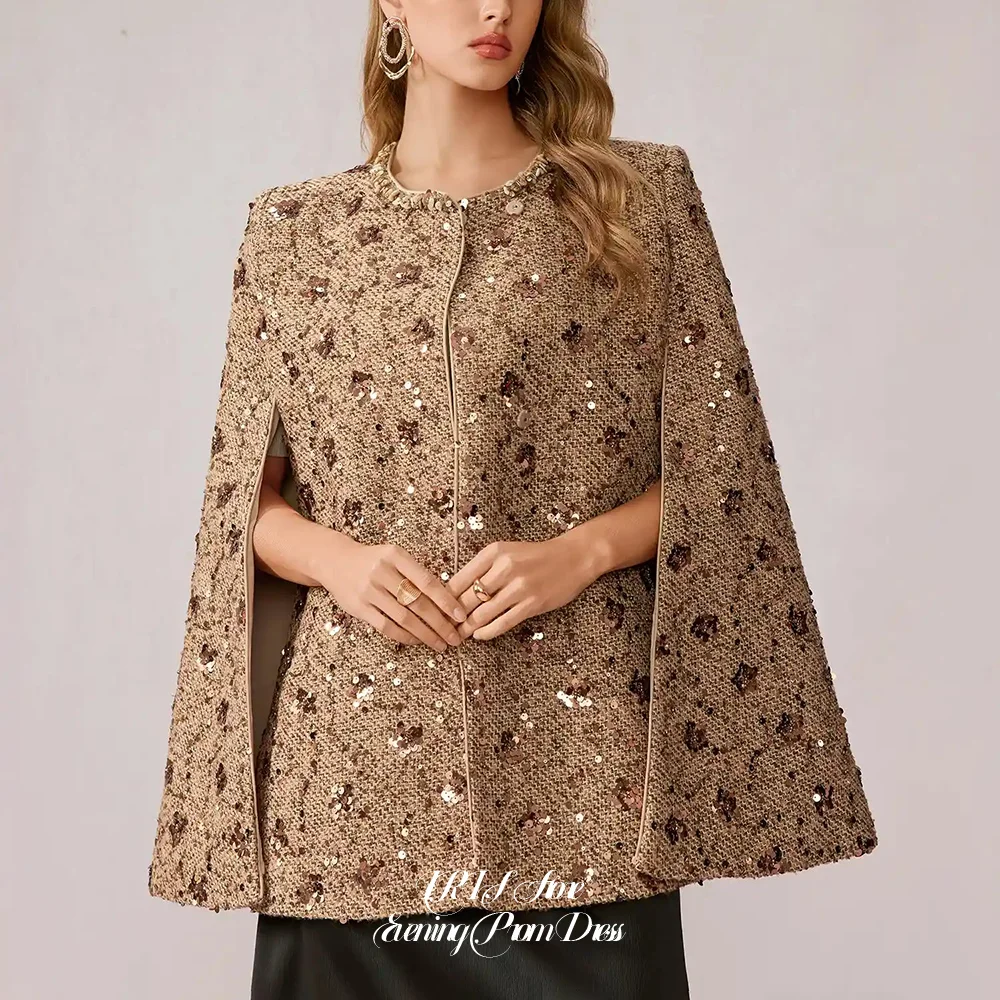 Luxury Sequin Beaded Tweed Cape Jacket Black Skirt for Women O-Neck Evening Outerwear for Prom Gala Wedding Guest view 3
