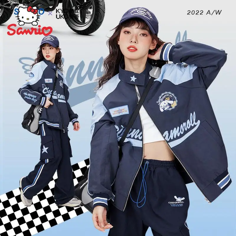 Jaqueta e calça soltas à prova de vento feminino, motociclista Sanrio Kawaii Cinnamoroll, desenhos animados, roupas quentes, presente casal, inverno