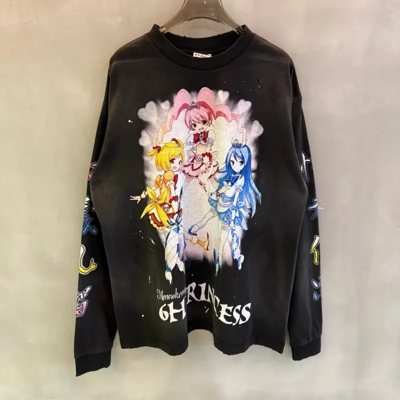 Saint Michael Magical Girl Prints Long-sleeved T-shirt Men Women Pure Cotton Washed Black Pullovers