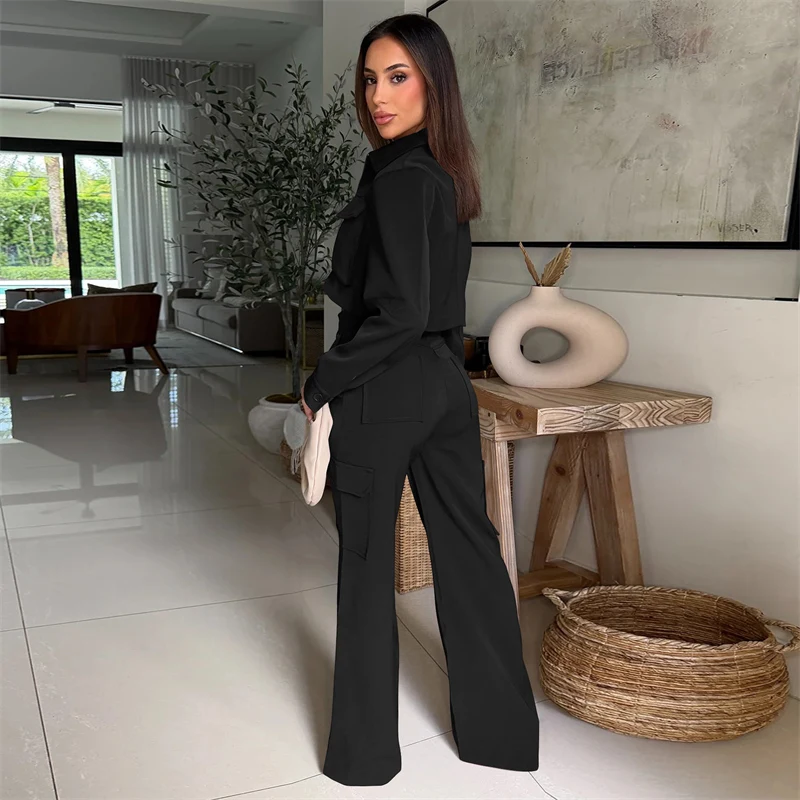 الصلبة خمر رياضية غير رسمية المرأة 2 قطعة الزي جيب كم طويل البريدي سترة علوية وسراويل البضائع مطابقة مجموعات Sweatsuits #4