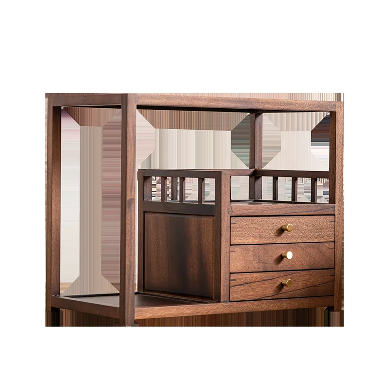 

Walnut desktop rack tea set storage box Pu'er tea box drawer cup teapot tea storage rack