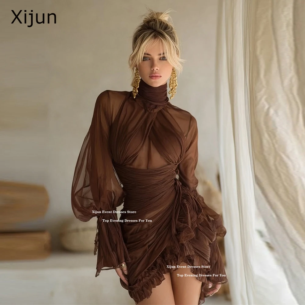 Xijun Modern Brown Abiti da sera corti Chiffon Maniche lunghe Collo alto Abiti da cocktail Abiti da festa di compleanno pieghettati Personalizzabili