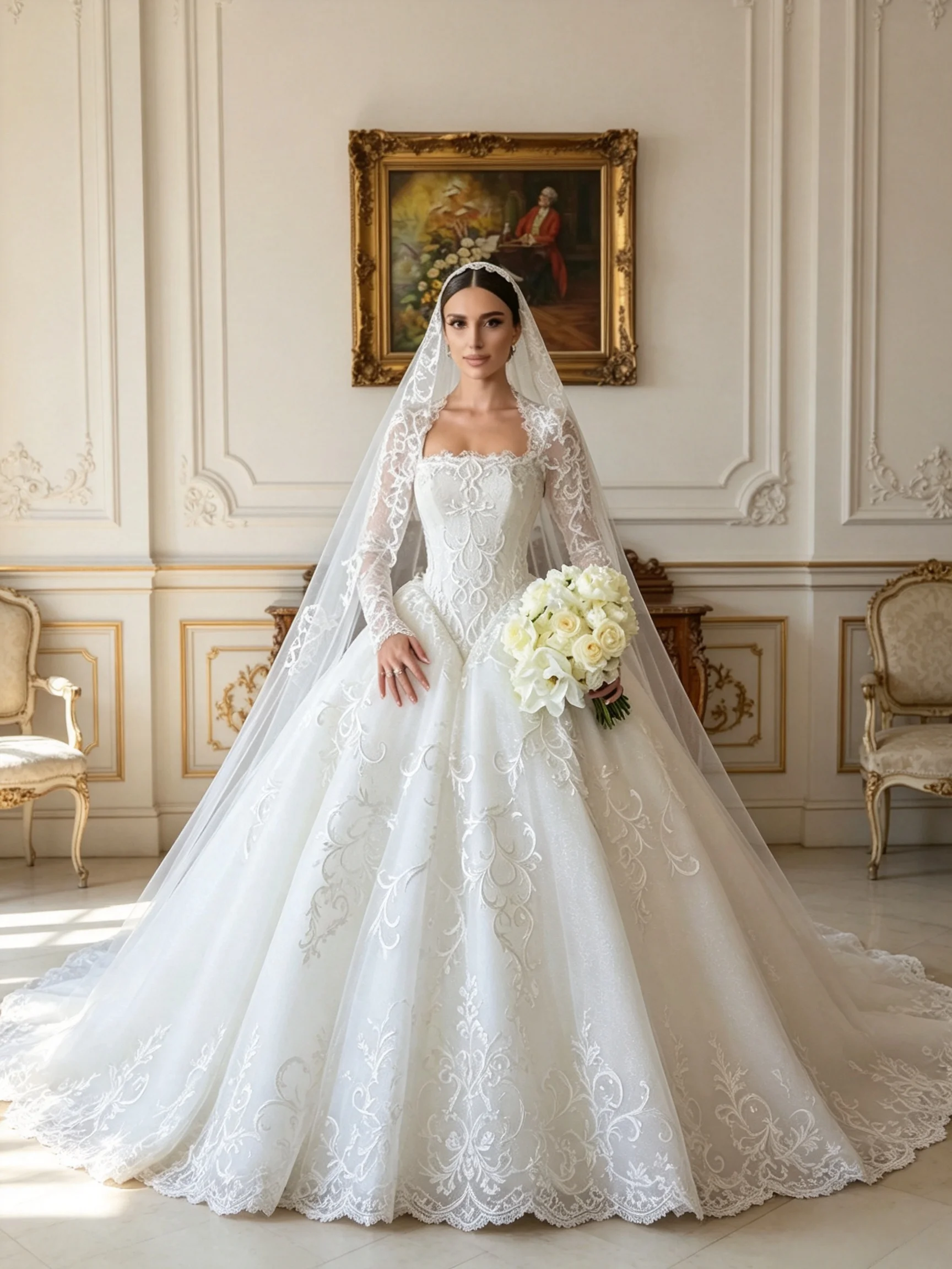 Vintage-Hochzeitskleid mit quadratischem Ausschnitt und langen Ärmeln, Spitzenapplikation, Ballkleid, Korsett, Schnürung am Rücken, Brautkleid in Übergröße, maßgeschneidert