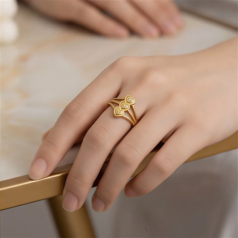 316L Stainless Steel 2026 New Fashion Colorfast Jewelry Original Design 3 Carved Pattern Hearts Women Adjustable Opening Rings