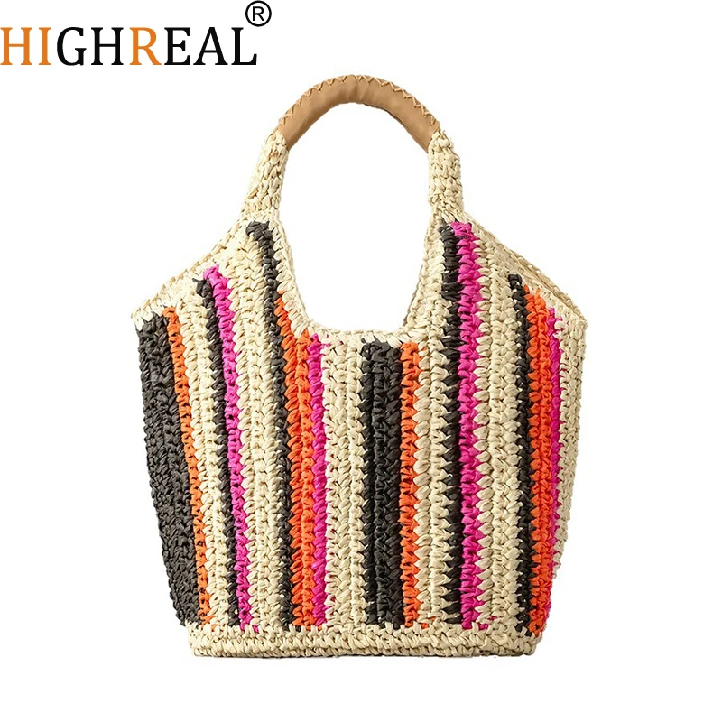 

Casual Striped Straw Tote Bag Paper Woven Women Handbags Handmade Summer Beach Bag Large Capacity Bali Shopper Purses