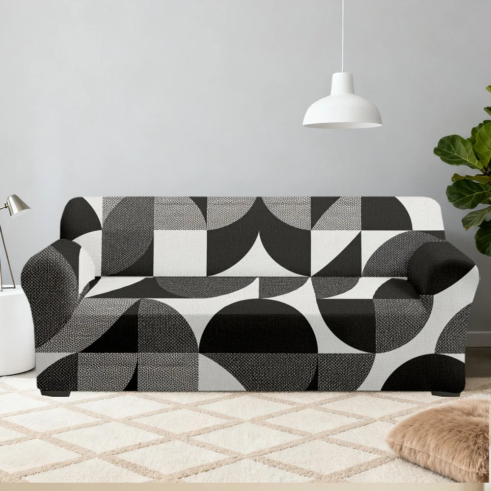 1pc Stretch Sofa Cover, Modern Black White Geometric Semicircle Print Couch Slipcover for Living Room