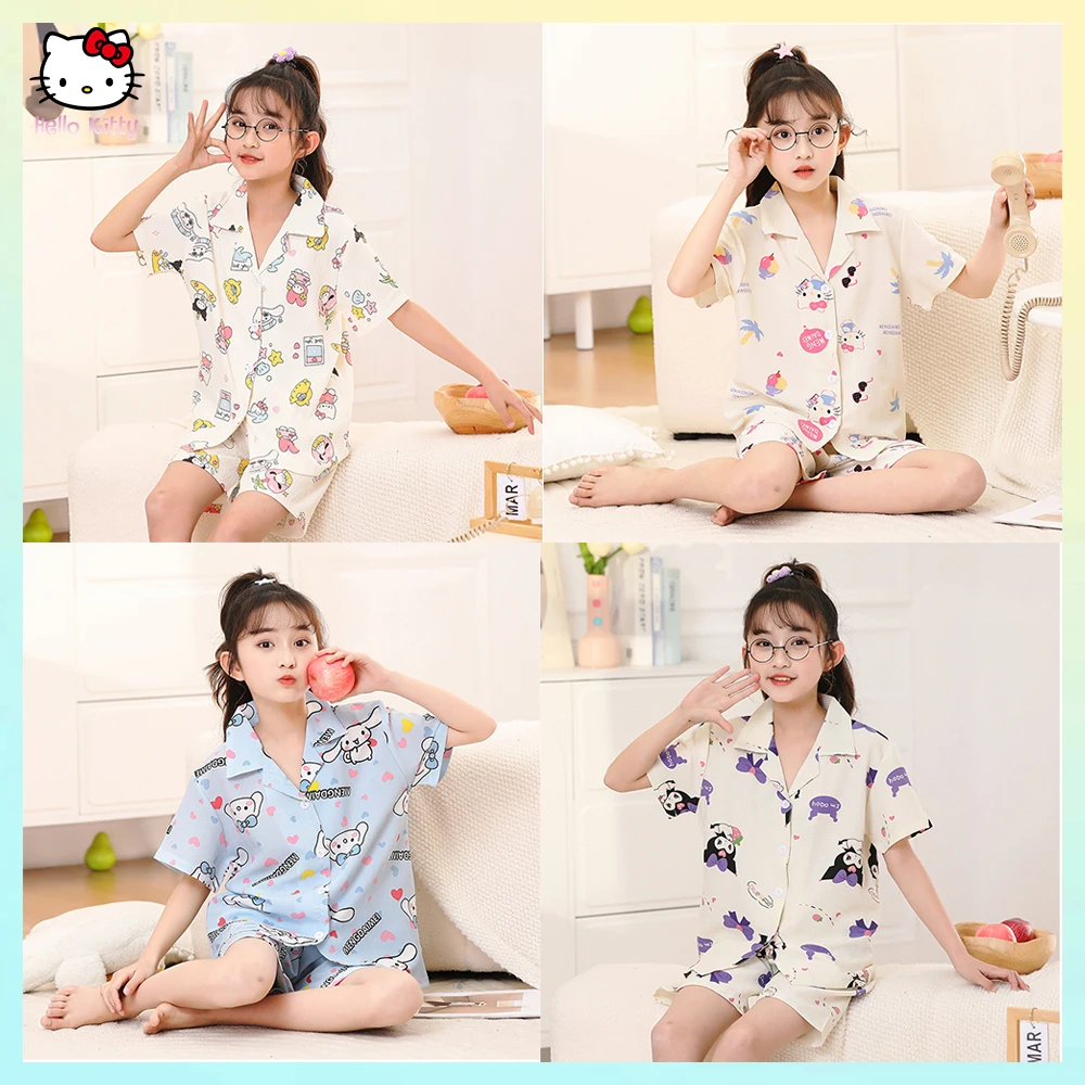 Anime Children's Pajamas Sets New Summer Cute Cinnamoroll Kuromi Melody Kids Cardigan Short Sleeve Sleepwear Girls Boys Homewear