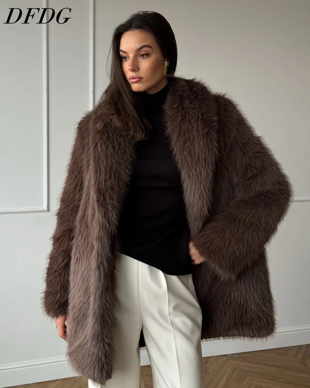 DFDG Women Faux Fur Mid Length Coat Loose Oversized Lapel Fluffy Plush Warm Jacket Winter Casual Elegant Street Outerwear