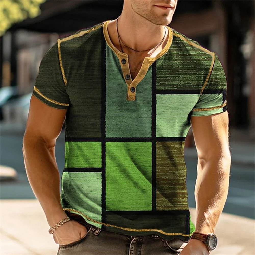 2023 Fashion Trend Button T-Shirt Men's Summer Breathable Undershirt Cool Plaid Elements 3D Printed Men's Short Sleeve Top