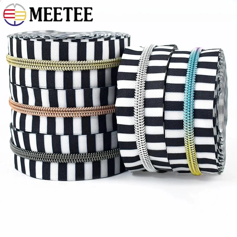 

2/5/10M Meetee 5# Stripe Nylon Zippers Colored Zips Tape for Bag Clothing Coil Zip Roll Closure Repair Kit DIYSewing Accessories