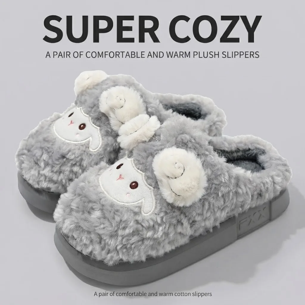New Winter Cute Cartoon Sheep Plush Slippers Women Thick Platform Warm House Shoes Non-Slip Soft Indoor Cotton Slippers Footwear