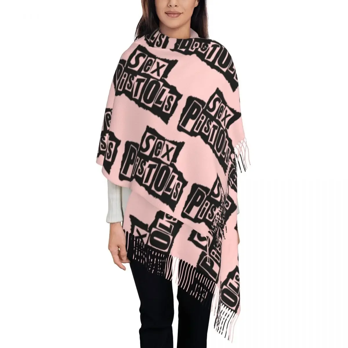 Custom Lady Large Sex Pistols Scarves Women Winter Soft Warm Tassel Shawl Wrap Heavy Rock Band Scarf