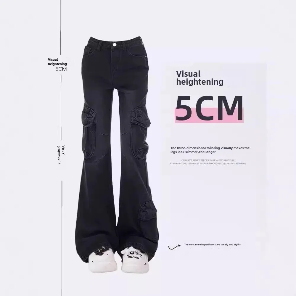 American Style Vintage Black Grey Micro Flared High Waisted Slimming Jeans For Women Trendy Niche Fashion Black Bell Bottom Trou