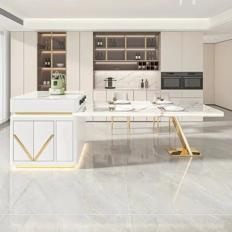 2024 New Rock Slab Island Dining Table with Integrated Retractable Metal V Shaped Legs Tea Bar Operation Table