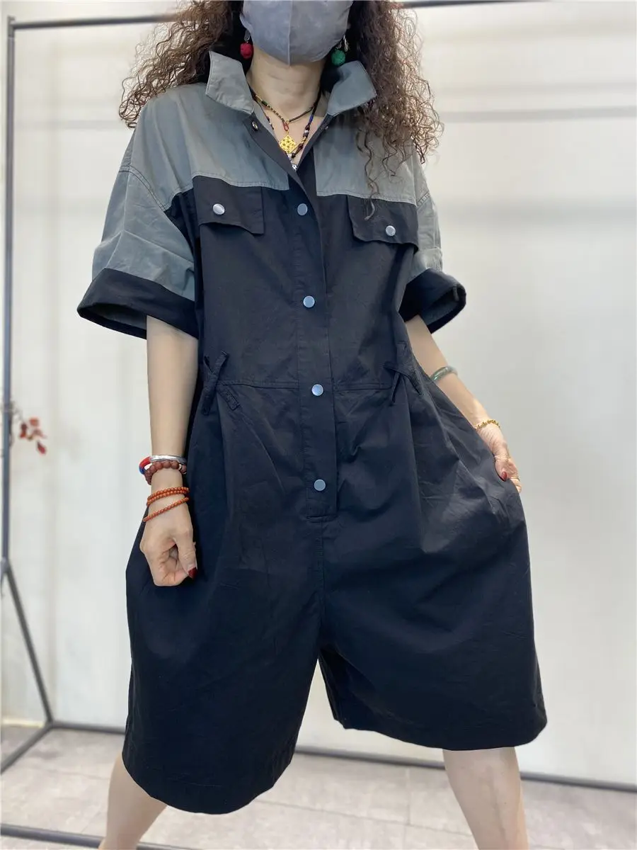 2026 Summer Women's Jumpsuit Shorts Loose Color Blocked Wide Leg Pants