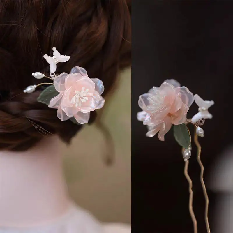 Horquilla de peonía en forma de U para mujer, palo de pelo de flor de estilo chino Vintage, joyería de Metal hecha a mano, accesorio para el cabello, peine para el cabello Hanfu